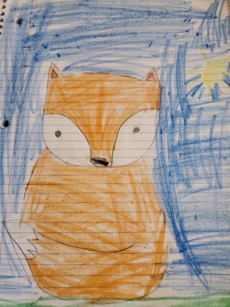 drawing of a baby fox with a blue sky background