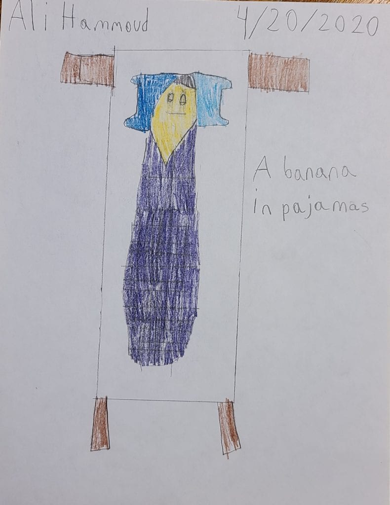 drawing of a banana in pajamas sleeping in bed