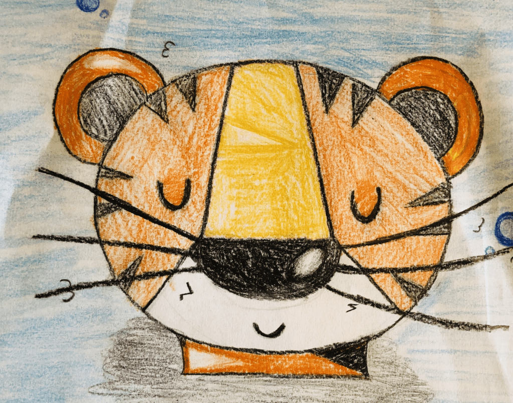 drawing of a tiger face with closed eyes