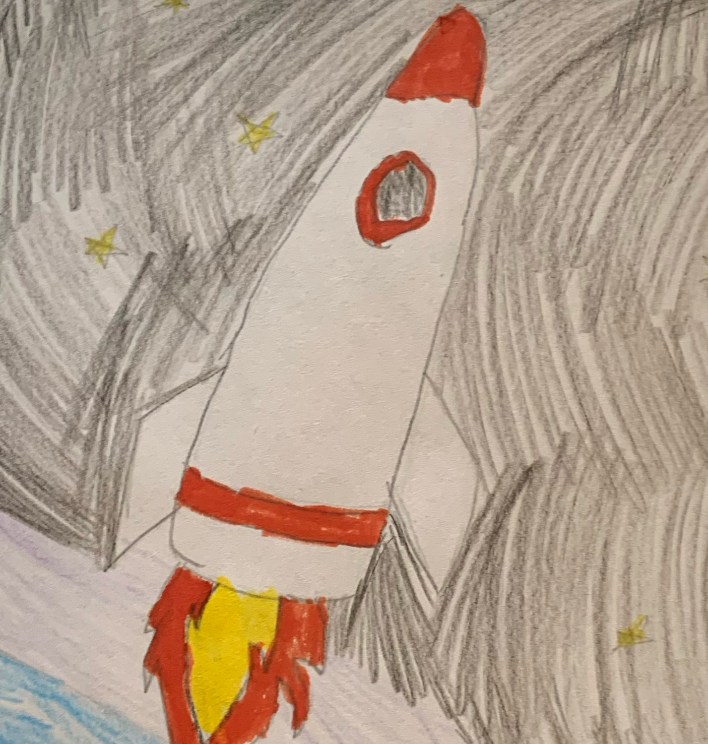 drawing of a rocket flying into space