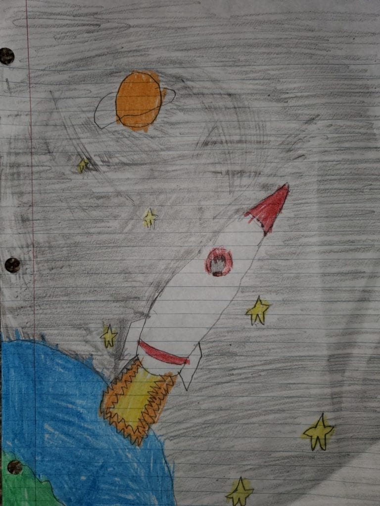 drawing of a rocket with a space background