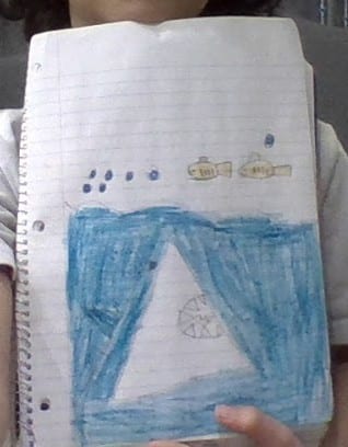 drawing of a shark underwater looking up at fish