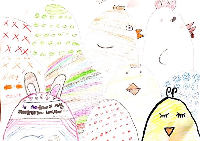 rows of egg drawings with faces and colorful lines and shapes on them