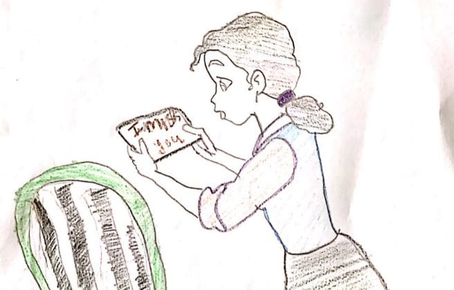 drawing of a girl looking at a message in her hand that says I miss you