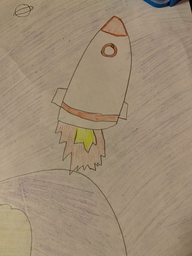 drawing of a rocket flying into space