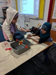 Students testing their water wheel.