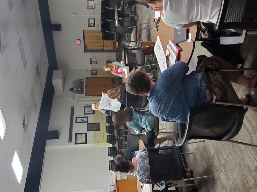 Teacher Dawn Frizzel holding a poster and sharing information about specially designed intruction