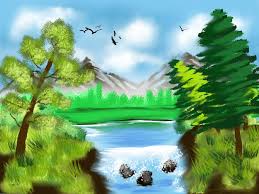 painting of river, stones and trees along a riverbed