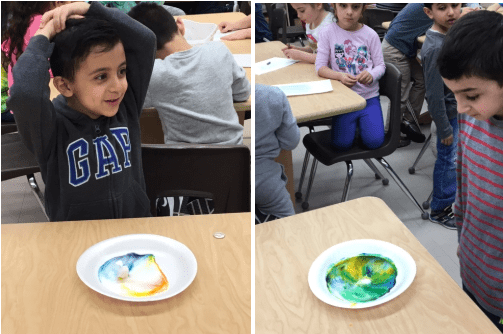 students show their fat molecules and soap experiments on paper plates in the art room