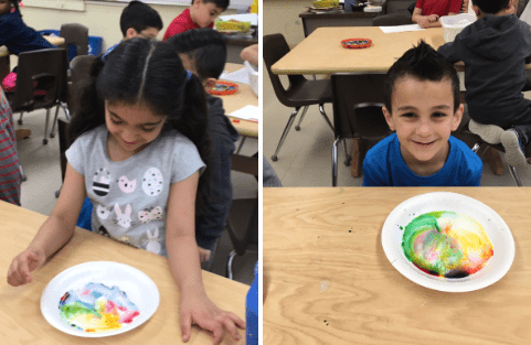 students show their fat molecules experiment on paper plates in the art room