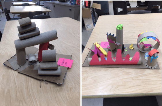 examples of student artwork using cardboard tubes and colored paper