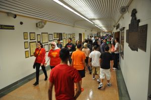 Student in a hallway