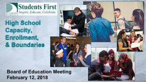 Graphic showing the first slide in a powerpoint presentation titled High School Capacity, Enrollment, and Boundaries 