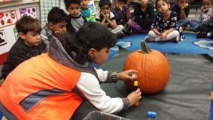 Using non-standard measurement to measure the height of the pumpkin in cubes.