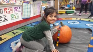 Using non-standard measurement to measure the height of the pumpkin in cubes.