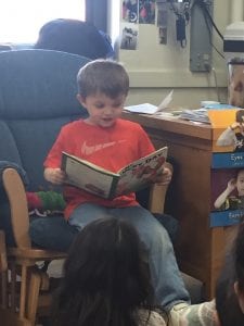 We are reading the pictures to retell a familiar story! This friend even changed his voice for the different characters!
