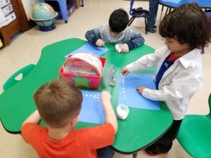We are creating the habitat for our polar bear! We are using glitter and white paint to create the cold Arctic!