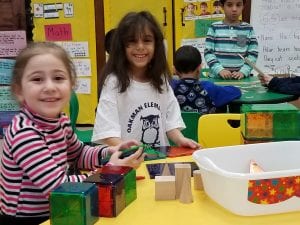 We learned the differences between 2D and 3D shapes! We used 2D shapes to create the 3D shapes of a cube, pyramid, and rectangular prism!