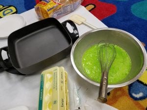 Green eggs (15 scrambled eggs with green food dye!:) )