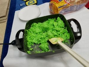Green eggs (15 scrambled eggs with green food dye!:) )