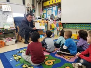 David Mustonen read "Dinner at Panda Palace" by Stephanie Calmenson. He said it was his son's favorite book when he was 4 years old....now his son is a Dearborn teacher!!! how awesome!