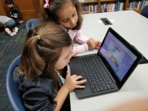 We used Chromebooks in the library with a buddy! We practiced letter recognition on starfall.com