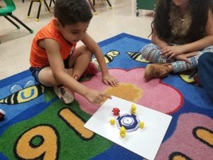 We practiced counting objects that are scattered. We practiced where to begin and where to stop as we counted each object and touched each object as we said the consecutive numbers. 