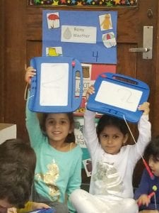 We practiced writing numbers 1, 2, and 3 with a rhyme for each one. We used our magic boards. Please practice counting and writing numbers 0-10 at home.