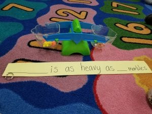 We practiced using the scale as we compared the weight of various items to make the scale balanced. We used the sentence stem, "______is as heavy as ____ marbles." Here we see 4 counting bears is as heavy as 6 marbles.