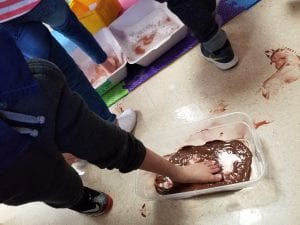 We used our footprints for the butterflies' bodies. We demonstrated that the butterfly is like all insects and has three body parts; head, abdomen, thorax, and abdomen.