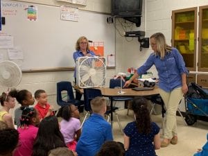 DTE representatives showing students how wind turbines work