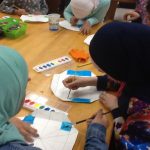 Students are painting the identical shapes on both side of their big shape.