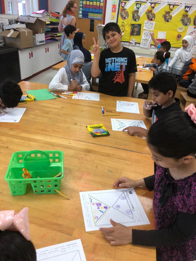 Students are designing the top and the bottom triangles of their pinwheel.