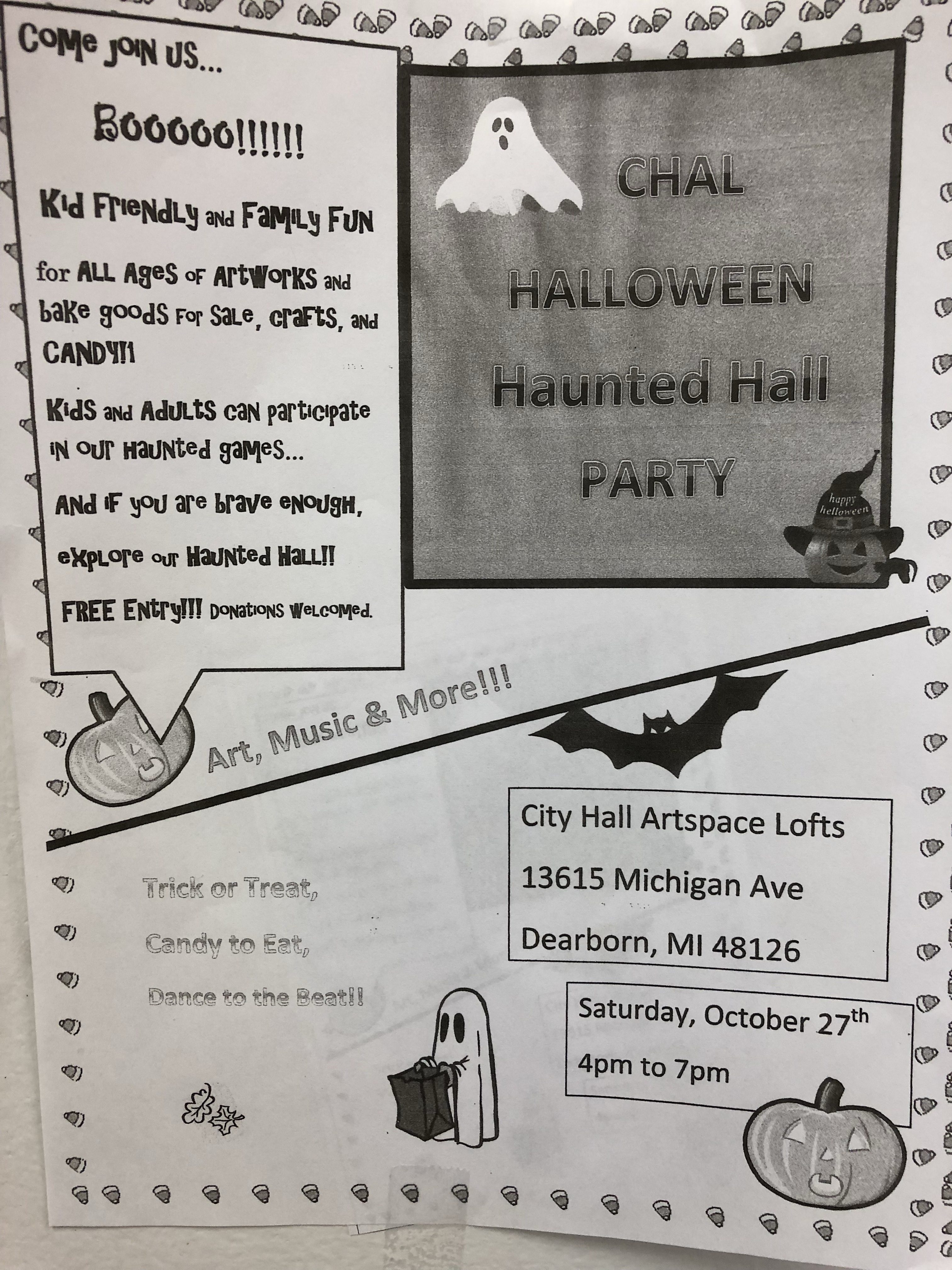 Flyer for the Halloween Haunted Hall Party on Saturday 27, 4-7 pm at ArtSpace in Dearborn