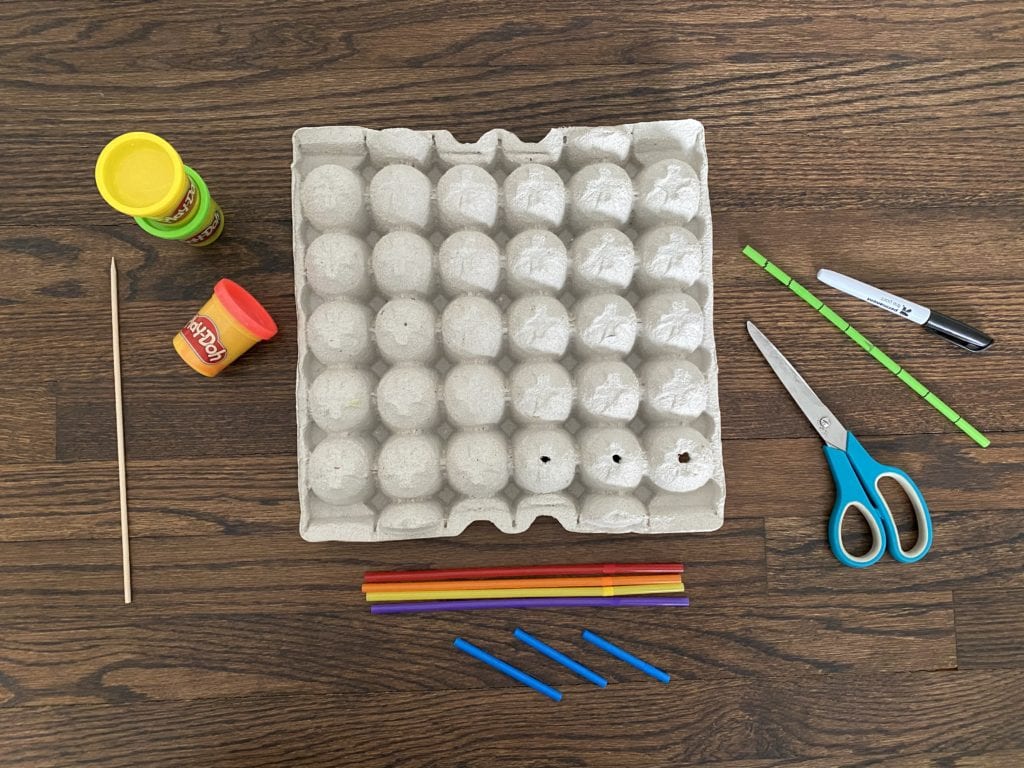 Picture of supplies: egg cartion, scissors, straws, marker, playdoh, and skewer.
