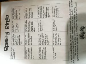 Here is the spelling bingo sheet- students need to do 4 activities every week with their new spelling words. The 4 activities are due every Thursday- spelling tests are on Fridays. 