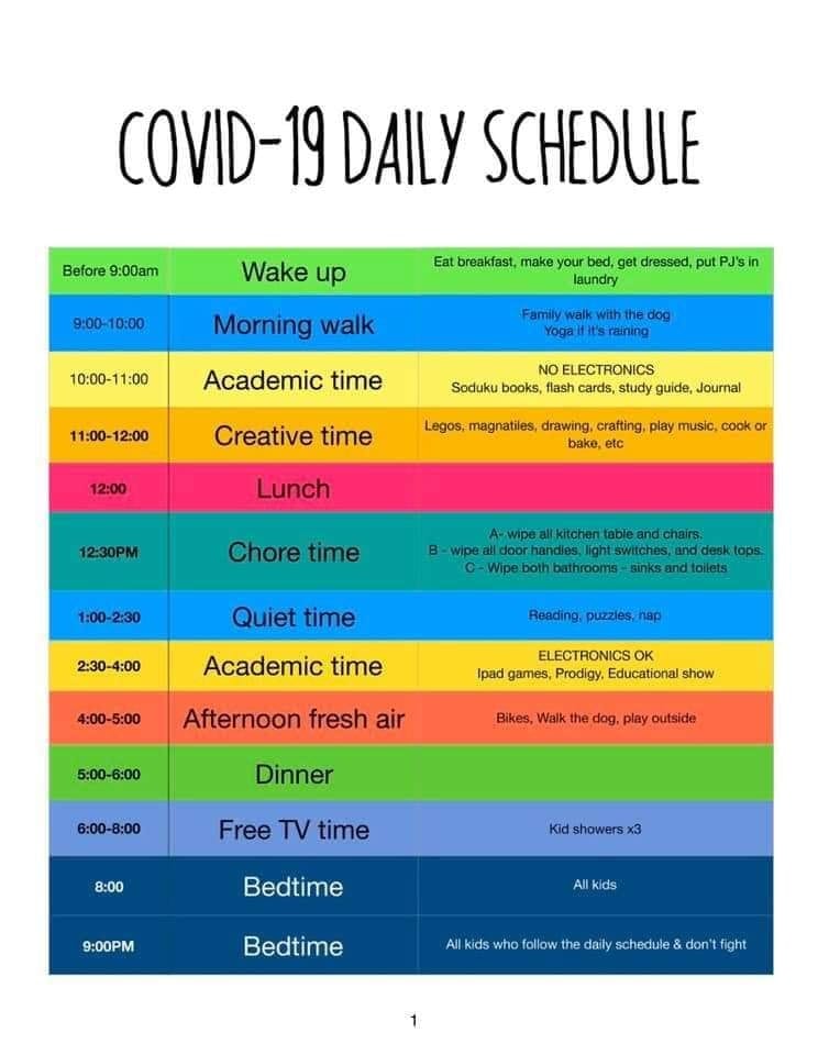 Sample daily home schedule 